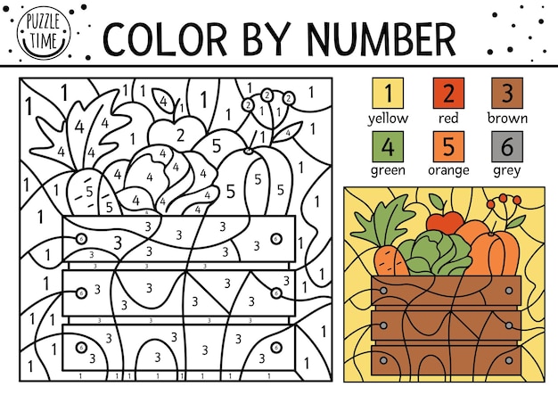 Color de otoão vectorial por actividad numãrica con cosecha en caja de madera dãa de acciãn de gracias de otoão o jardãn para colorear y contar juegos con verduras pãgina de coloraciãn