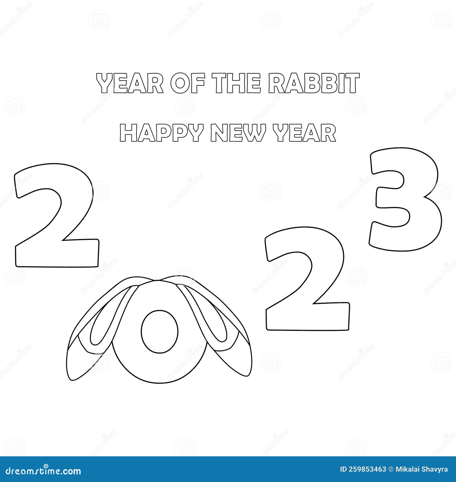 Colorless cartoon rabbit ears and numbers black and white template page for coloring book with bunny as symbol of stock vector