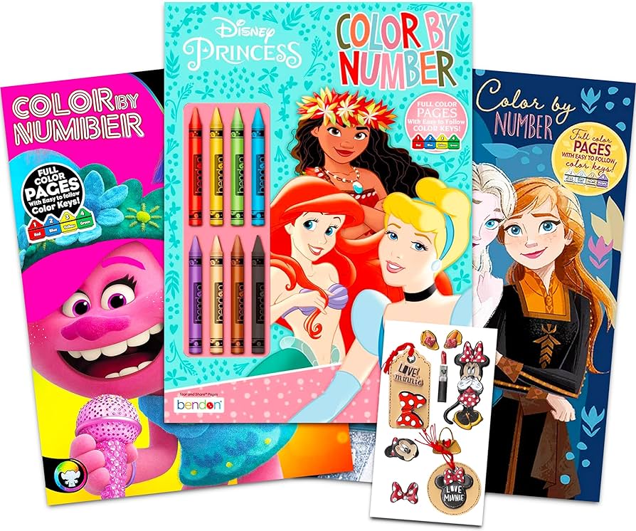 Color by numbers books for girls bundle pack coloring books featuring minnie mouse trolls and frozen with bonus stickers color by number coloring books for kids home