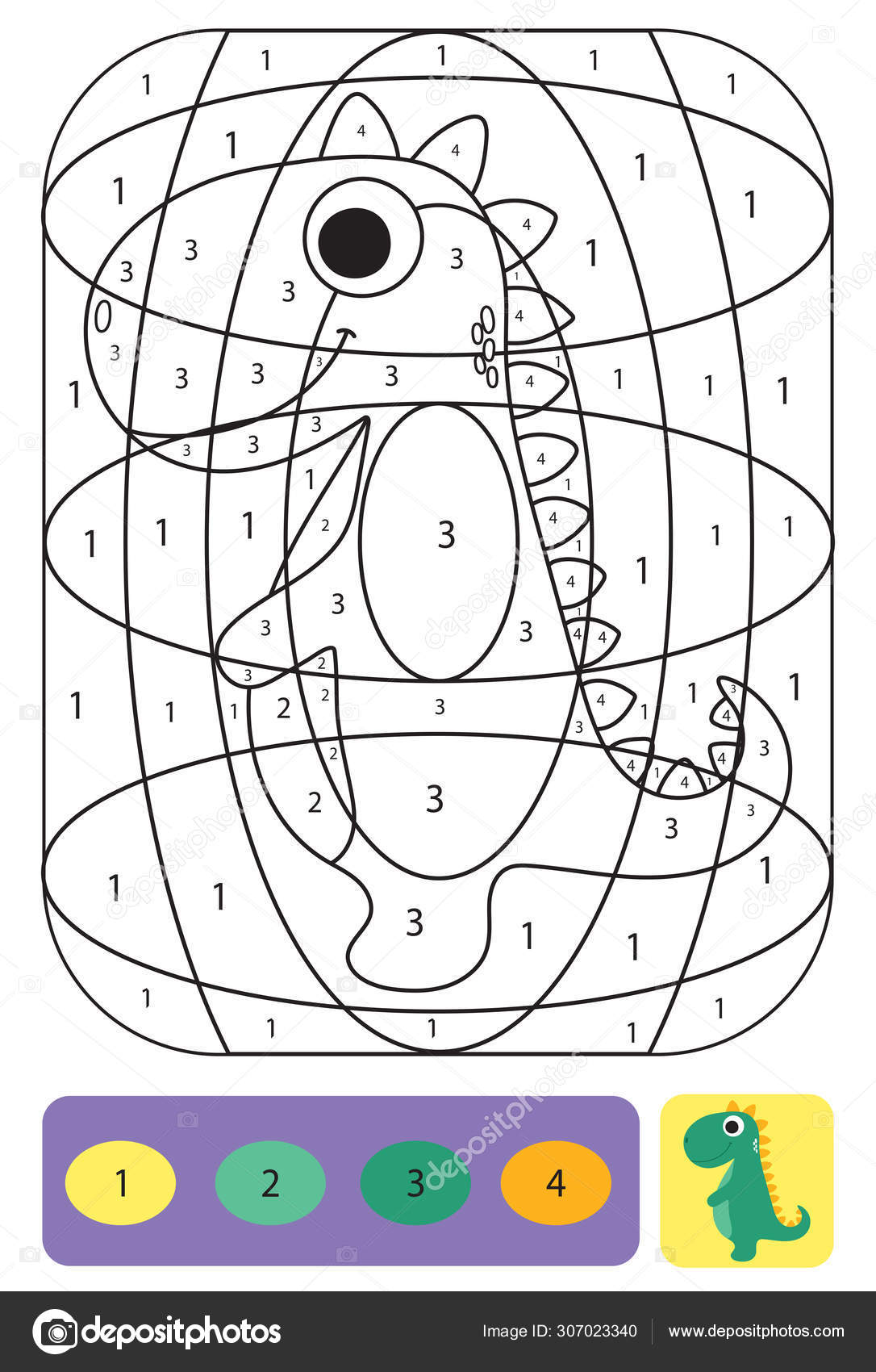 Cute dino coloring page for kids coloring puzzle with numbers o stock vector by arnica