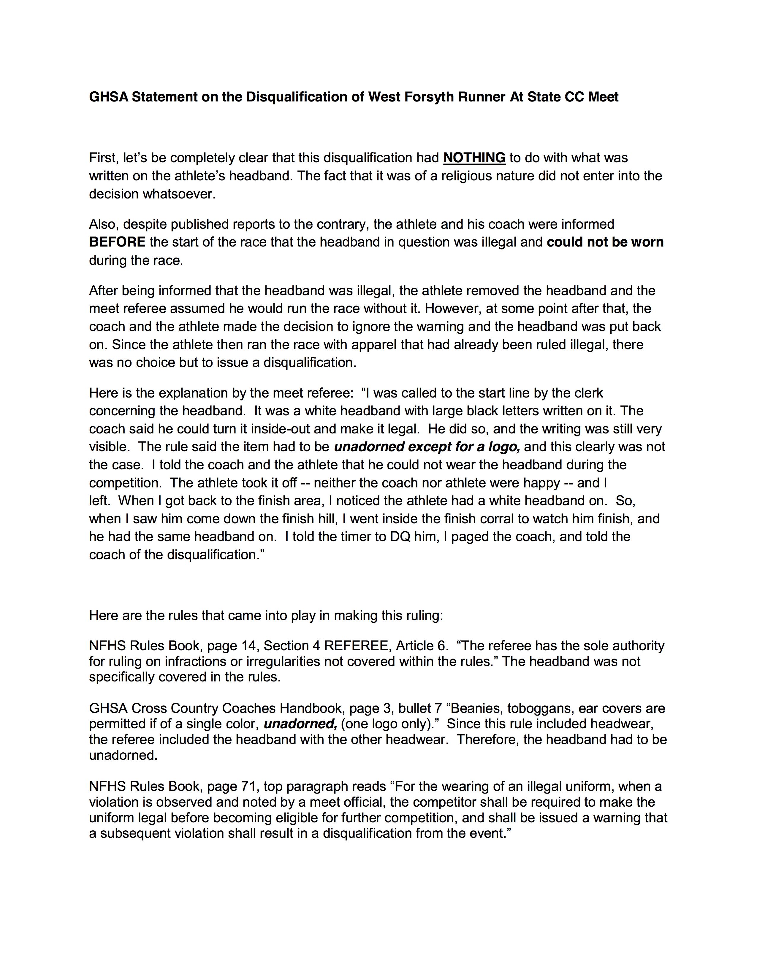 Ghsa on x statement on disqualification of west forsyth runner at state cc meet httpstcoicpwzokv x