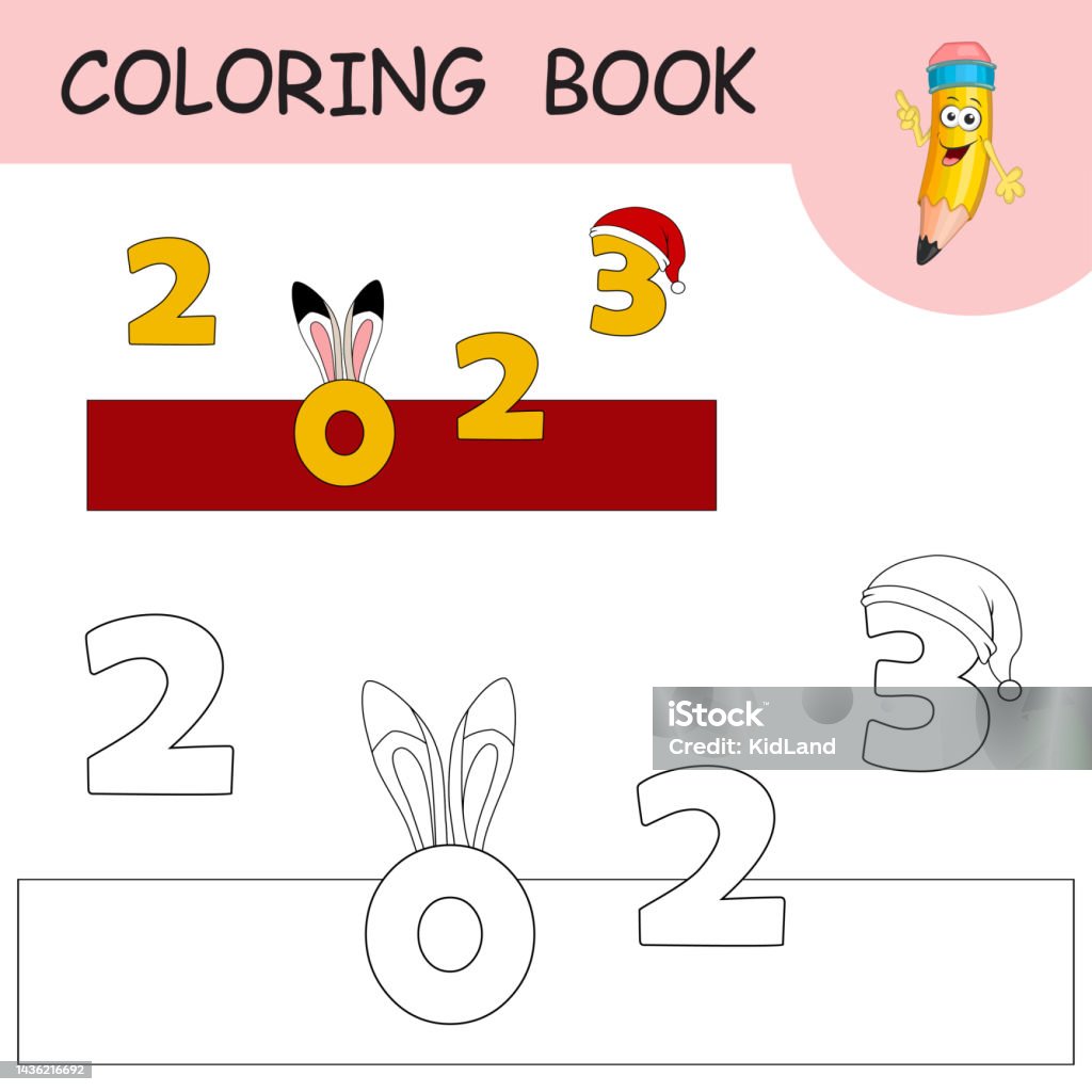 Coloring book with cartoon rabbit ears and santa claus hat on numbers colorless and color example hare on coloring page worksheet greeting card antistress coloring with new year art for kids