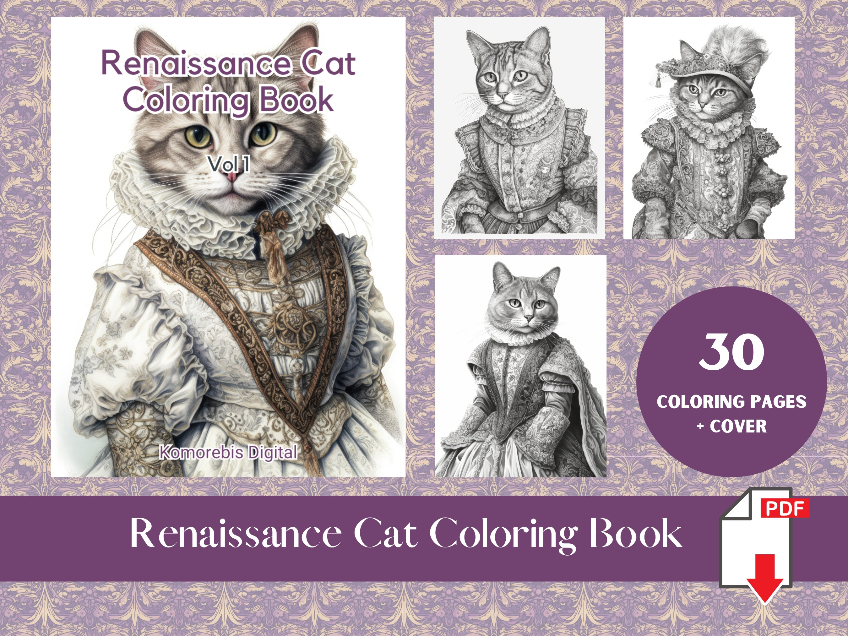 Page bundle renaissance cat adult coloring book greyscale cat coloring sheet renaissance royalty fashion coloring page instant download