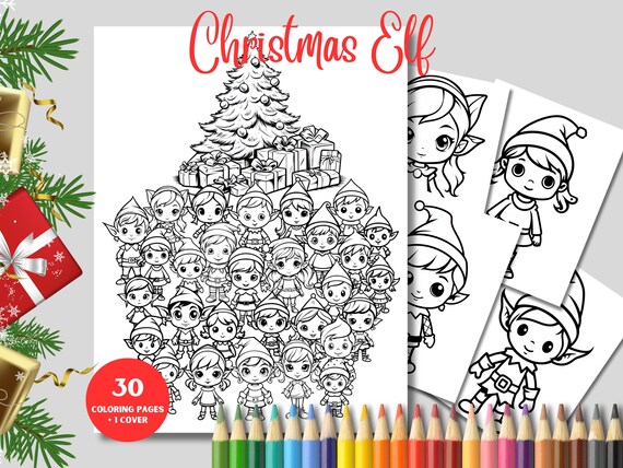 Christmas elf coloring page santas helper coloring sheet digital download printable xmas coloring for kids children christmas tree