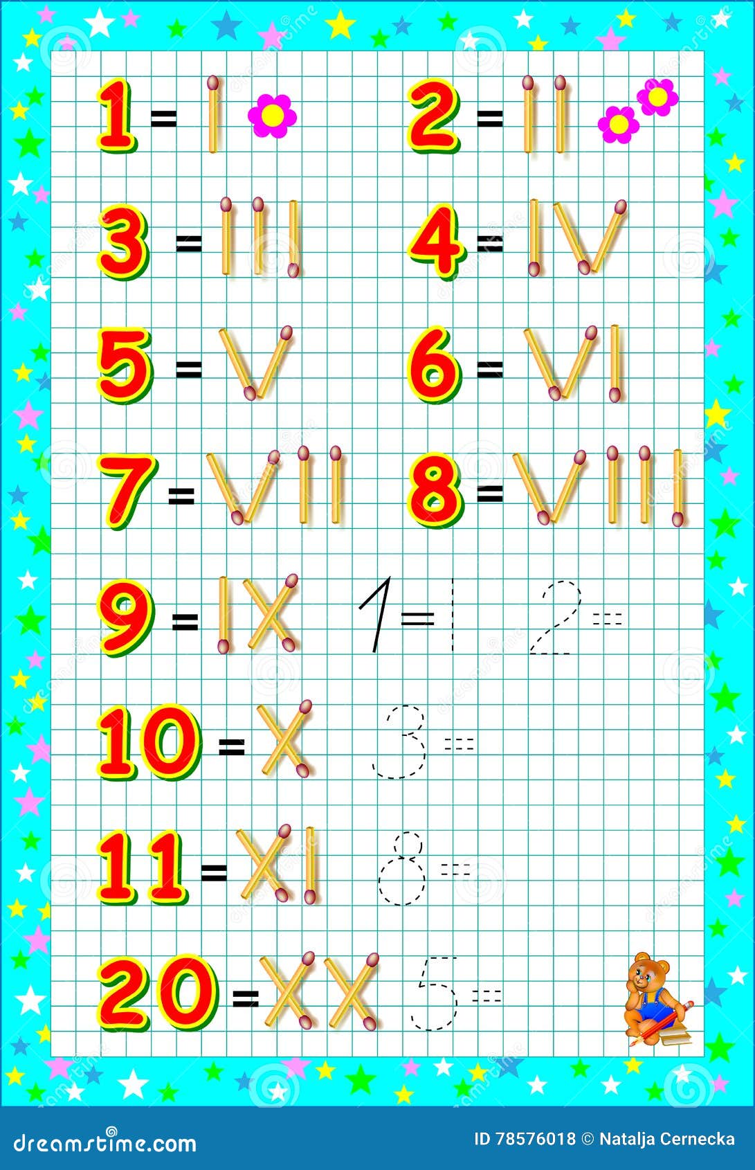 Educational page for children on a square paper with roman and arabic numerals stock vector