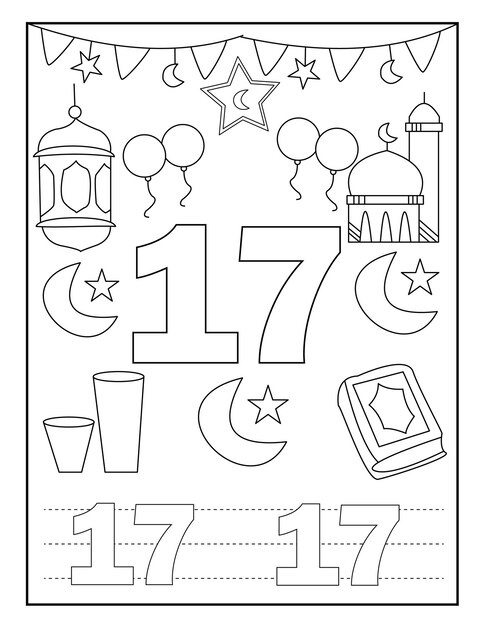 Premium vector ramadan number coloring book for kids with cute designs