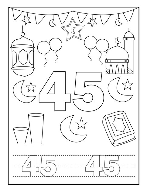 Premium vector ramadan number coloring book for kids with cute designs
