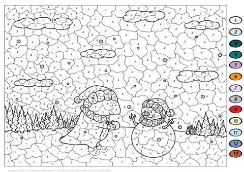 Purple dragon and cute snowman color by number free printable coloring pages