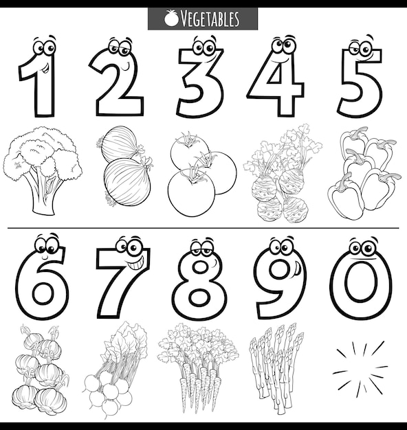Nãºmeros de dibujos animados educativos en blanco y negro con verduras vector premium