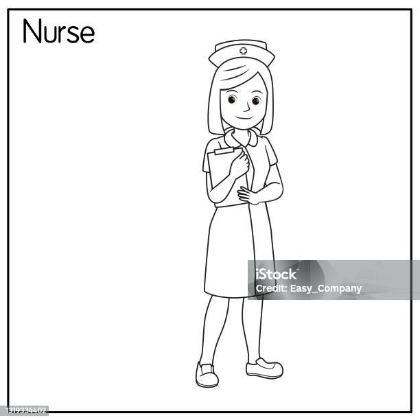 Vector illustration of nurse isolated on white background jobs and occupations concept cartoon characters education and school kids coloring page printable activity worksheet flashcard stock illustration