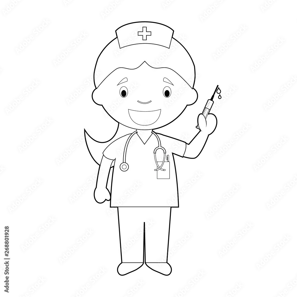 Easy coloring cartoon vector illustration of a nurse vector