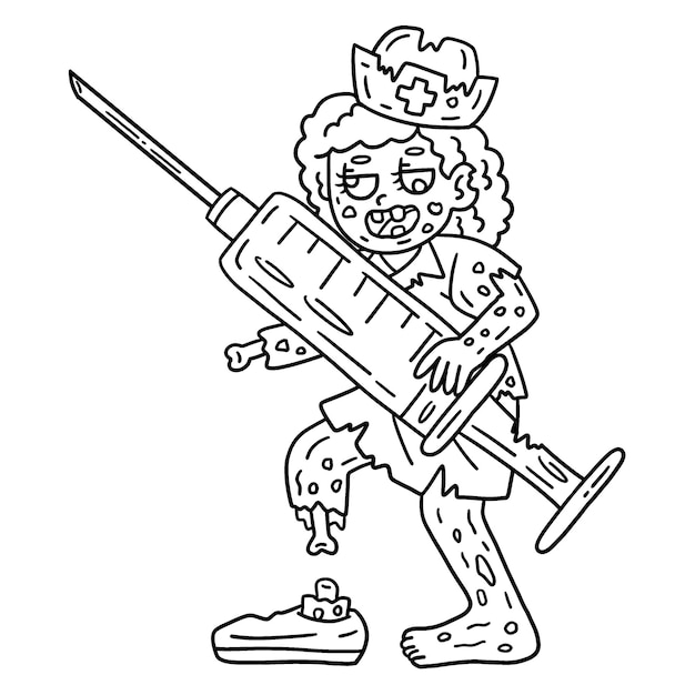 Premium vector a cute and funny coloring page of a zombie nurse with syringe provides hours of coloring fun for children to color this page is very easy suitable for little