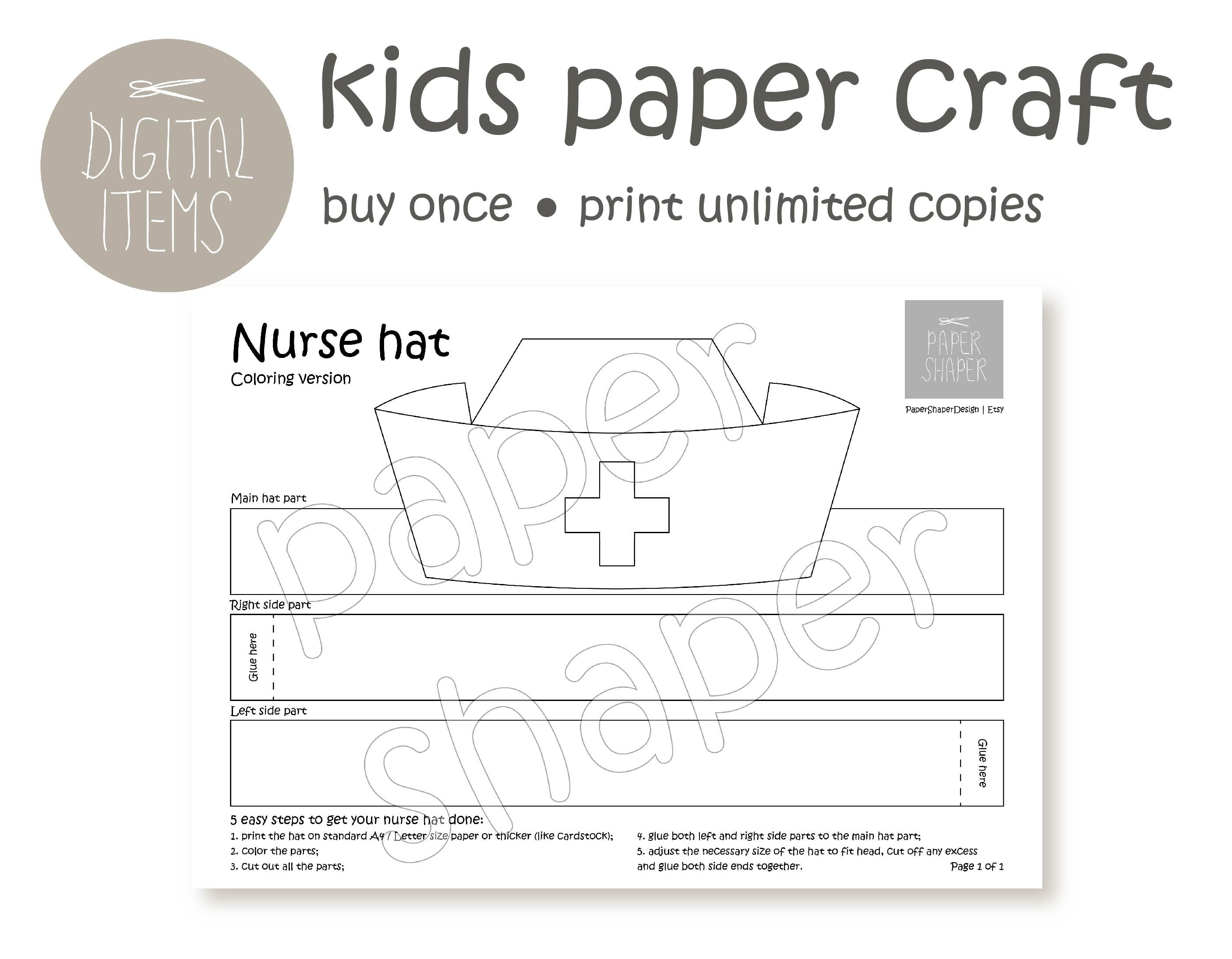 Printable coloring nurse paper hat kids party craft pdf doctor costume template instant download diy career day costume hospital party mask