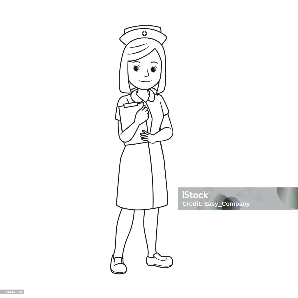 Vector illustration of nurse isolated on white background jobs and occupations concept cartoon characters education and school kids coloring page printable activity worksheet flashcard stock illustration