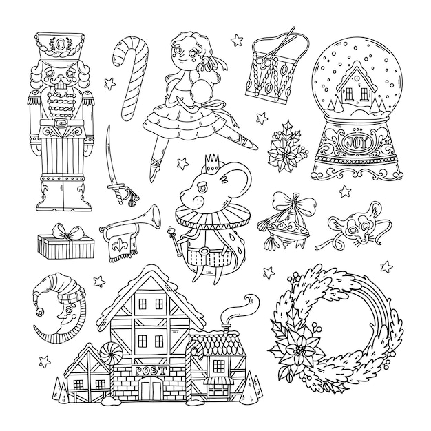 Premium vector nutcracker ballet dancer mouse king snow globe and christmas house coloring page black outline