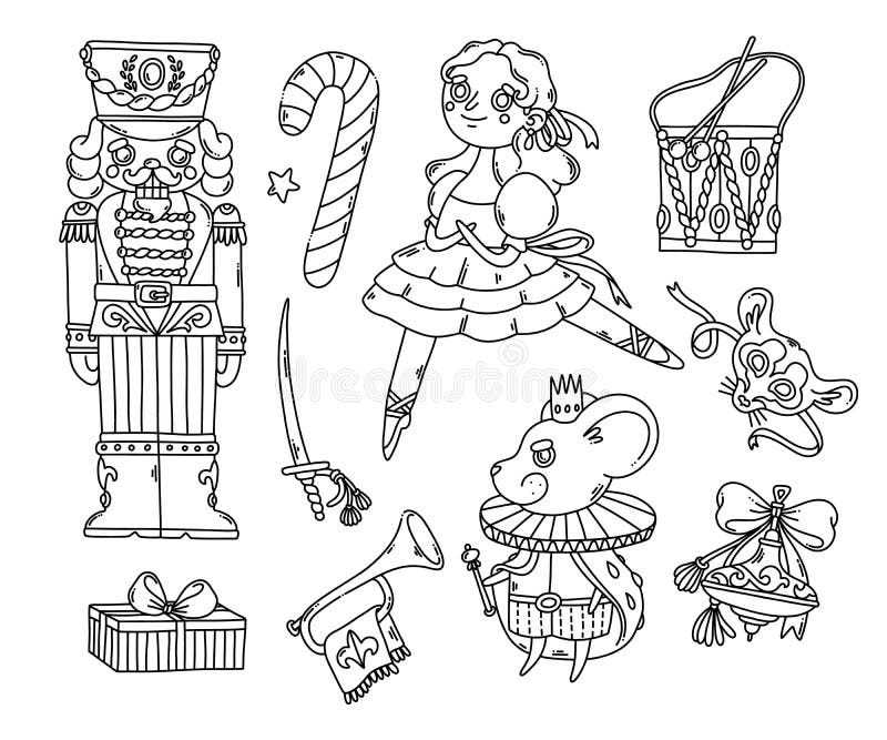 Nutcracker ballet dancer mouse king and christmas elements coloring page black outline stock vector