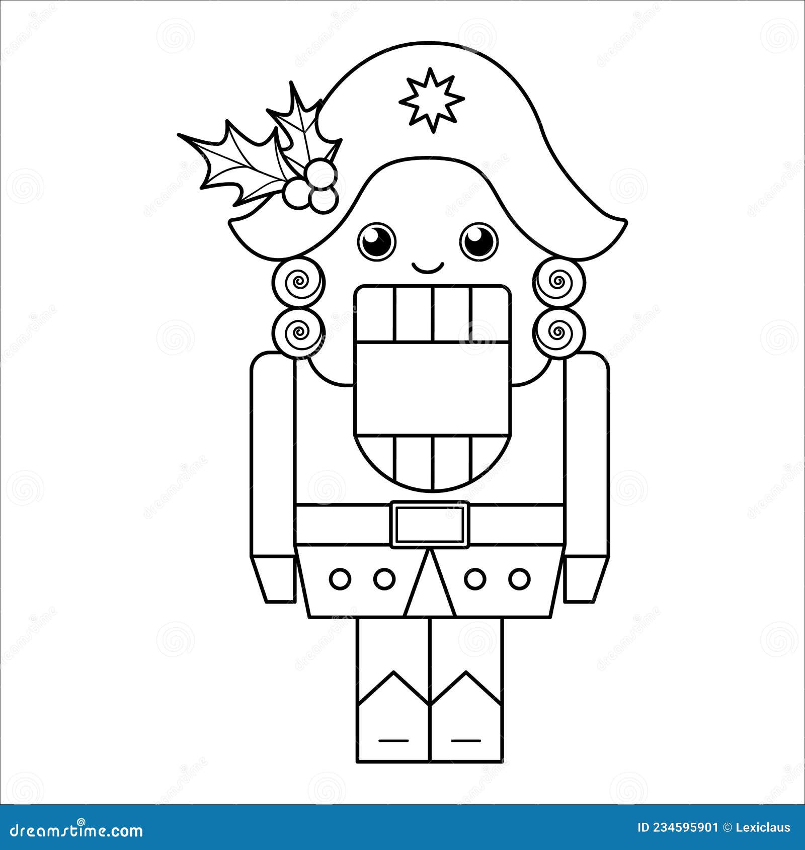 Vector black and white nutcracker with holly on his hat cute winter fairytale line illustration or coloring page stock vector