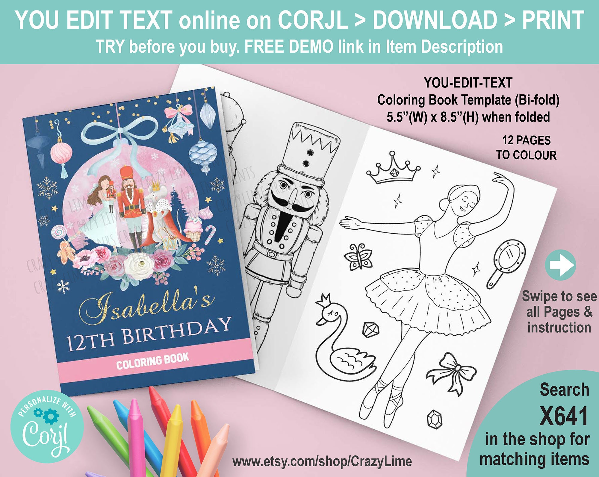 Editable nutcracker coloring activity book christmas ballet girl birthday party favor pink ballerina booklet bifold x inch x