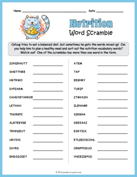 Nutrition word scramble puzzle worksheet activity by puzzles to print