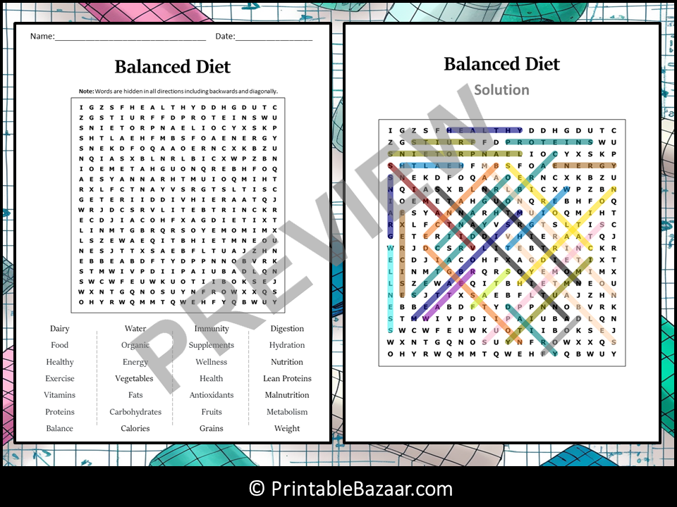 Balanced diet word search puzzle worksheet activity teaching resources