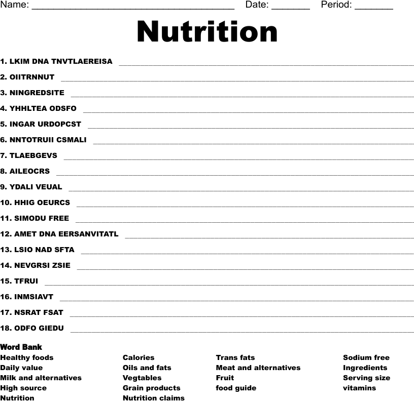 Nutrition word scramble