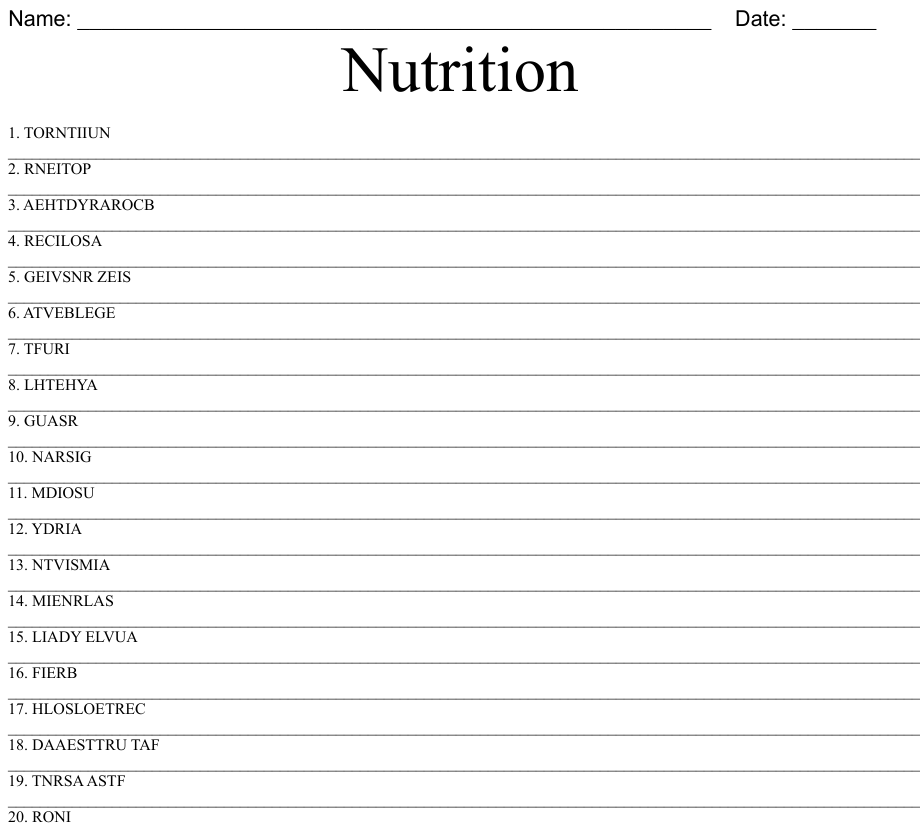 Nutrition word scramble