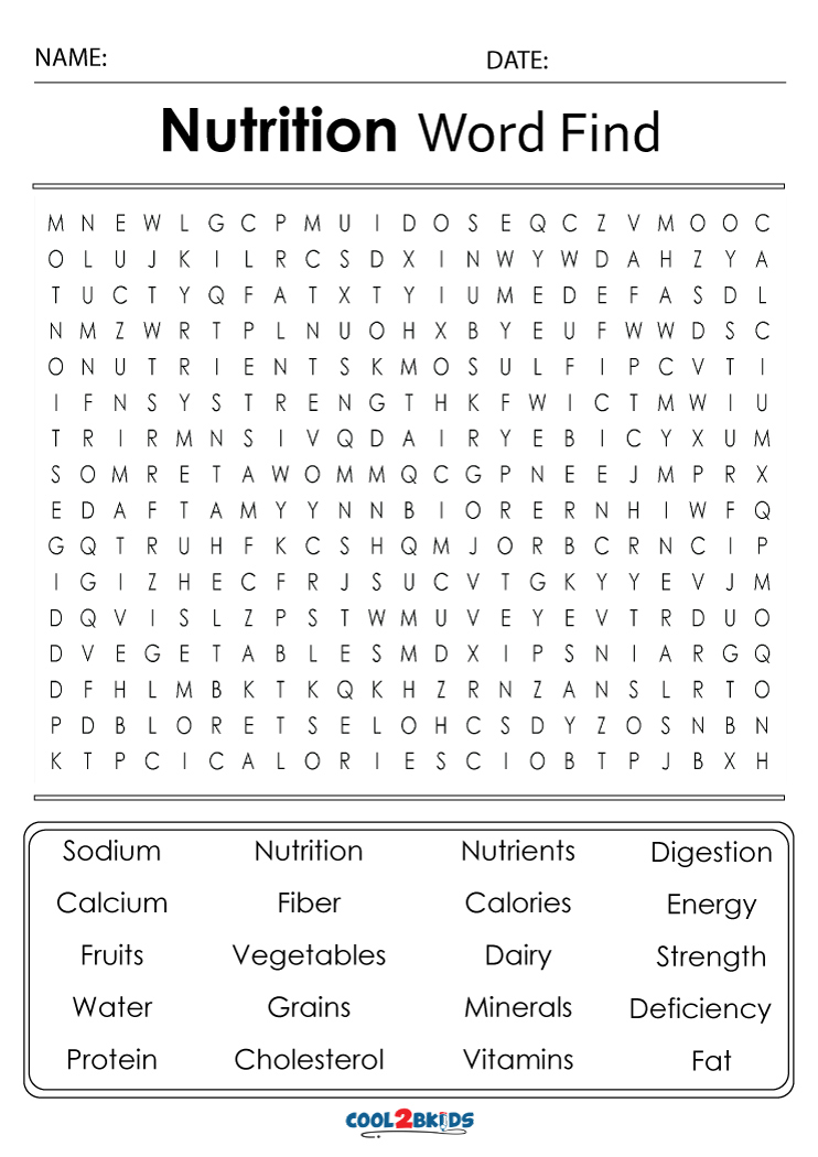 Printable nutrition word search
