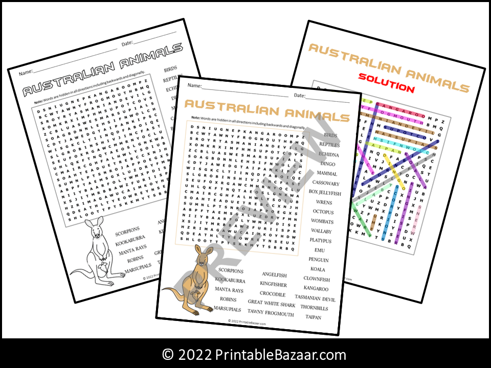 Australian animals word search puzzle