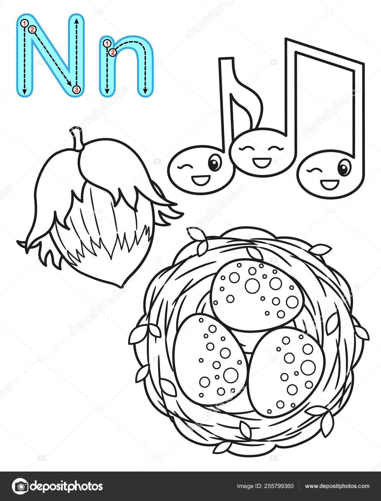 Printable coloring page for kindergarten and preschool card for study english vector coloring book alphabet letter n nuts notes nest stock vector by natasha