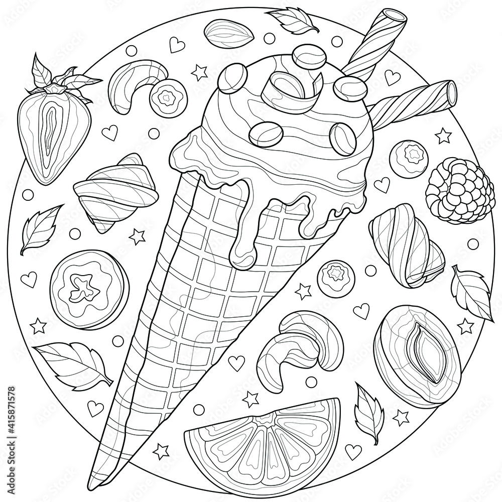 Ice cream cone with fruits and nutscoloring book antistress for children and adults illustration isolated on white backgroundzen