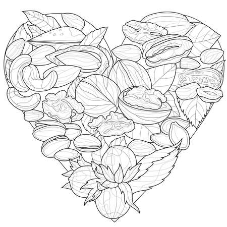 Heart shaped nutscoloring book antistress for children and adults