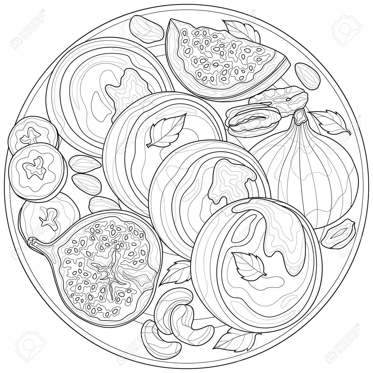 Cottage cheese pancakes with figs banana and nutscoloring book antistress for children and adults illustration isolated on white backgroundzen