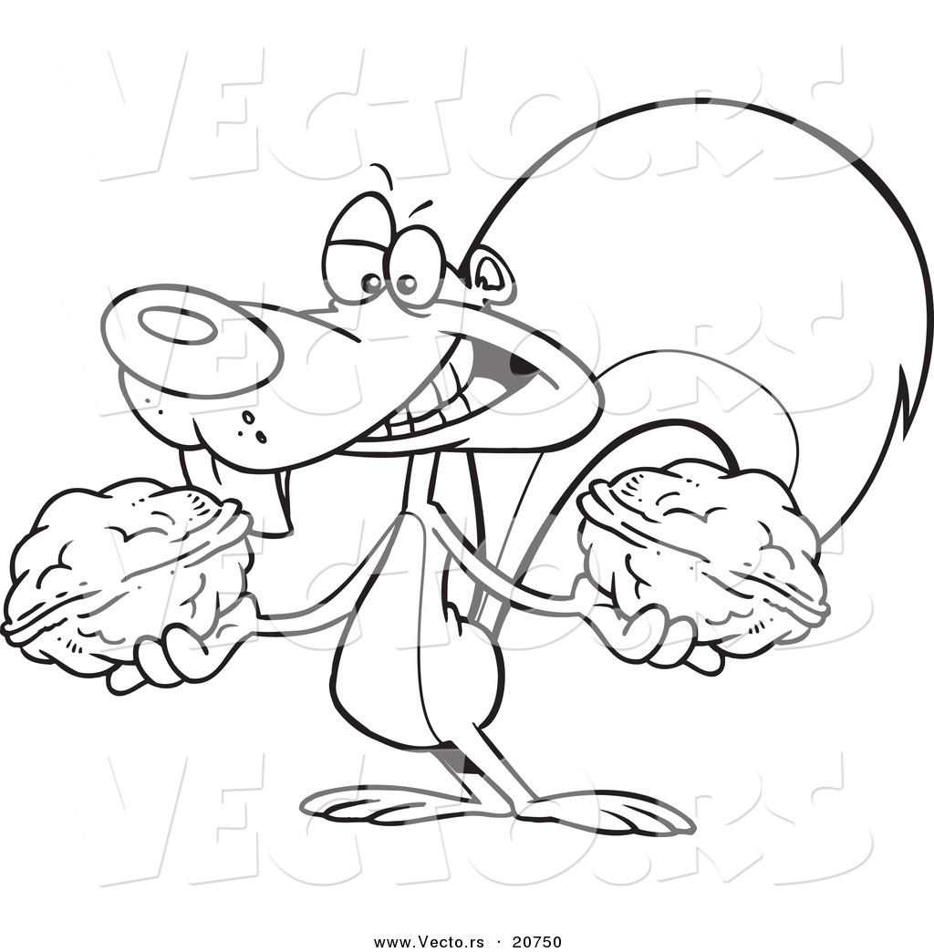 R of a cartoon squirrel holding two nuts