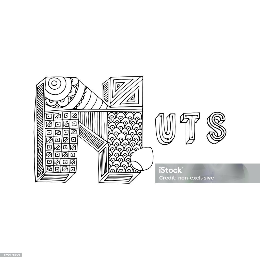 Hand drawing ornamented n letter and nuts simple black outline illustration for coloring pages wallpapers prints cards posters geometric pattern on white isolated background stock illustration