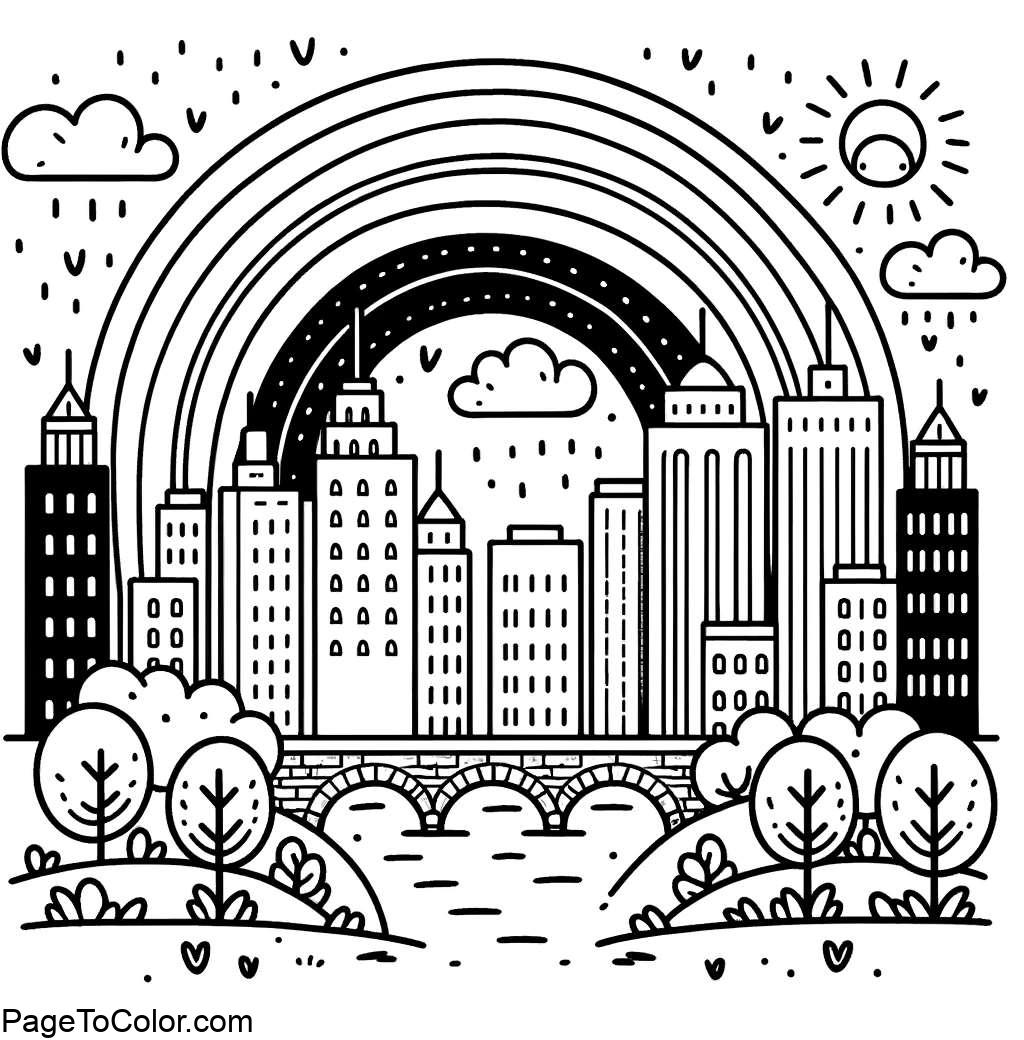 Rainbow coloring page city skyline
