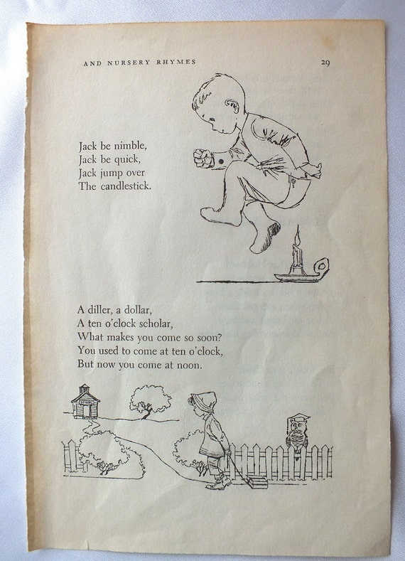 Vintage nursery rhyme page illustrations and rhymes altered art collage childrens vintage art supplies copyright color illustrated