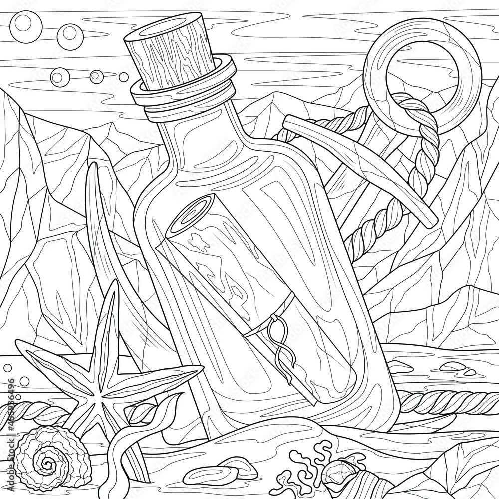 Bottle and scroll at the bottom of the oceancoloring book antistress for children and adults illustration isolated on white backgroundzen