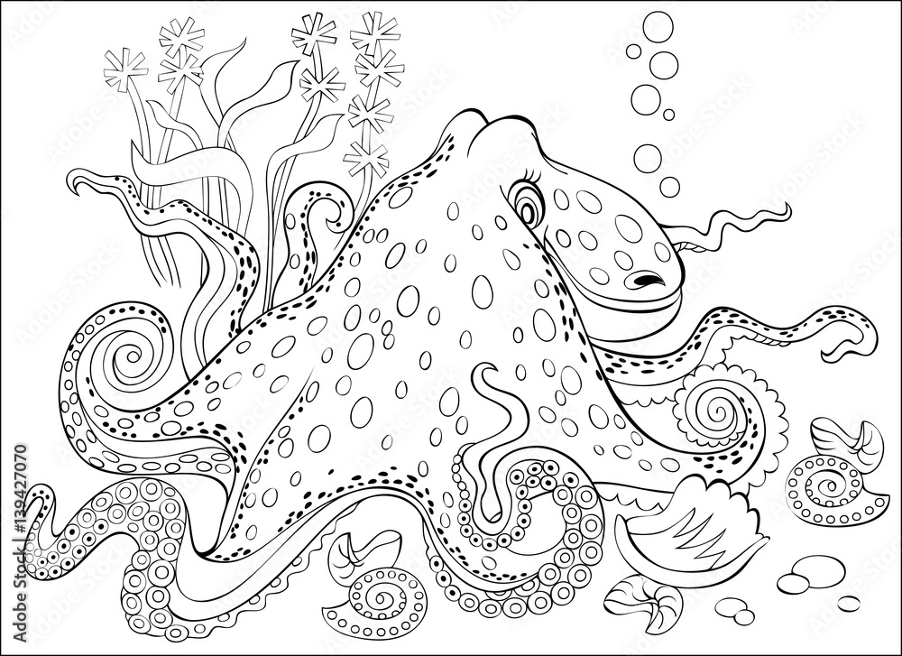 Black and white page for coloring fantasy drawing of octopus worksheet for children and adults vector image vector