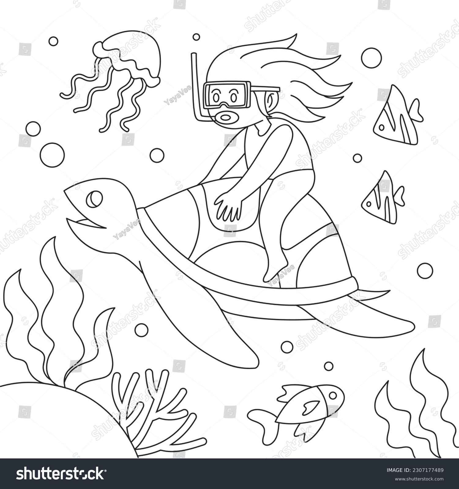 Little girl diving ocean coloring page stock vector royalty free