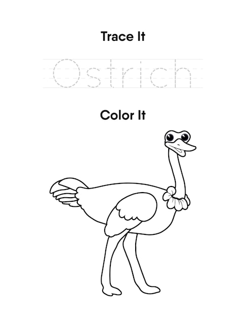 Premium vector trace the word and color the cute ostrich handwriting practice worksheets