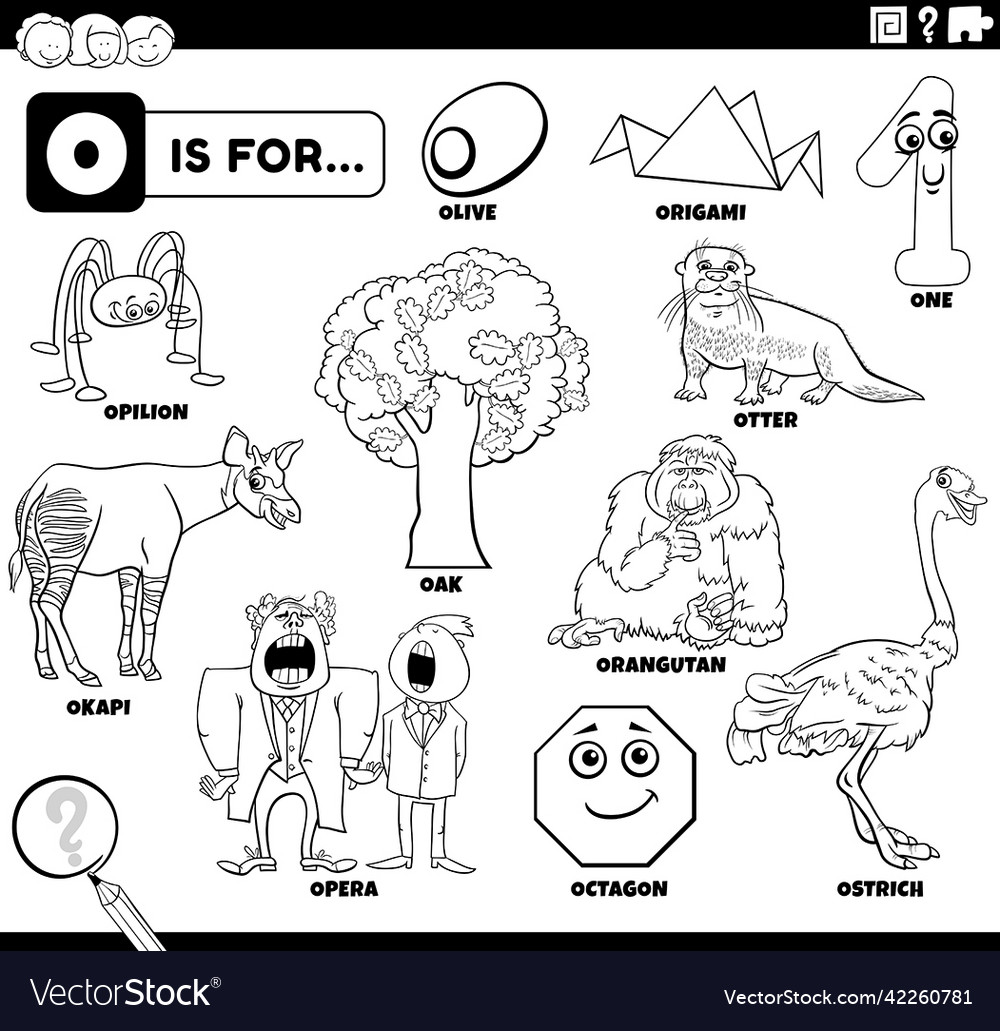 Letter o words educational set coloring book page vector image
