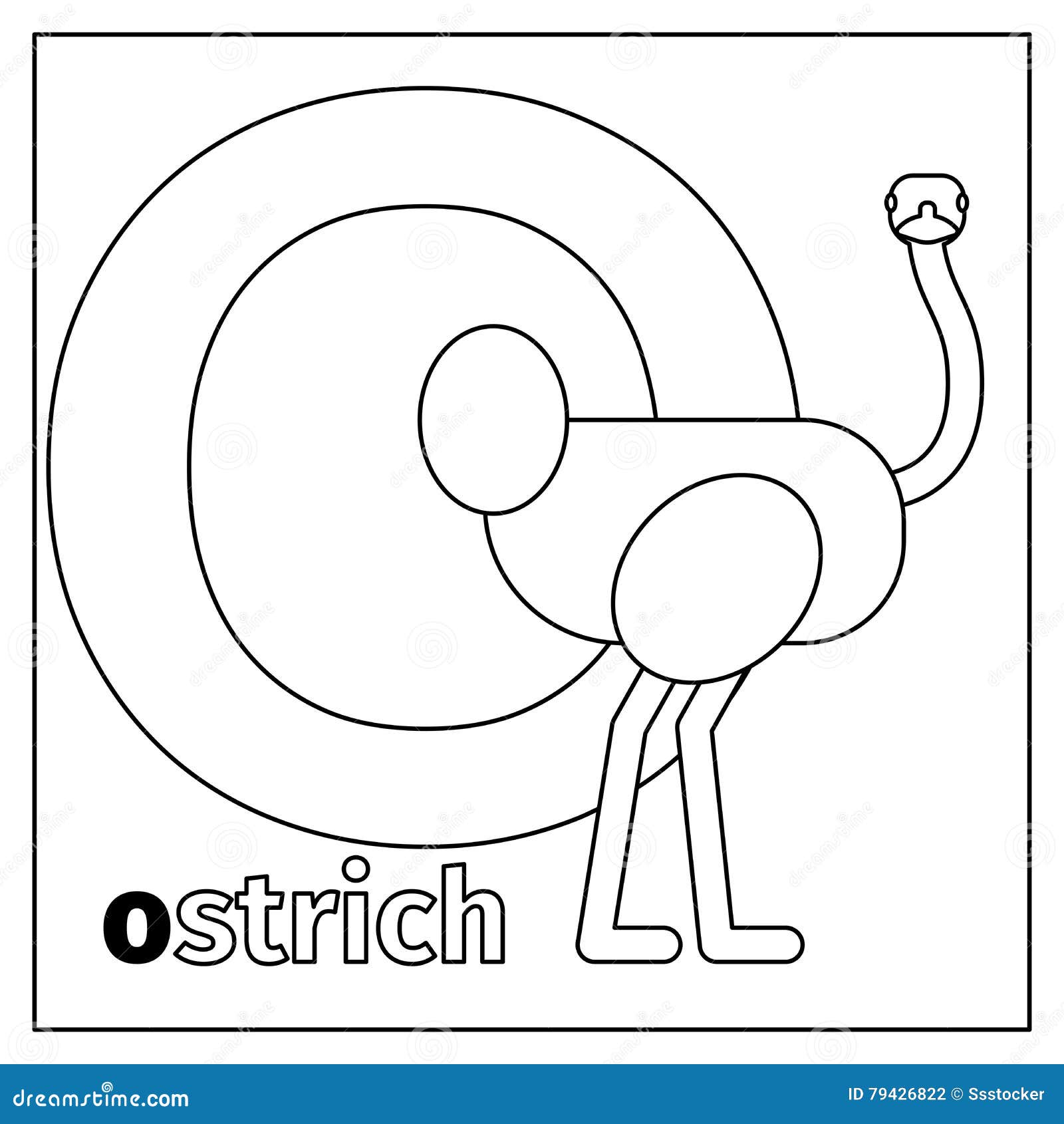 Ostrich letter o coloring page stock vector