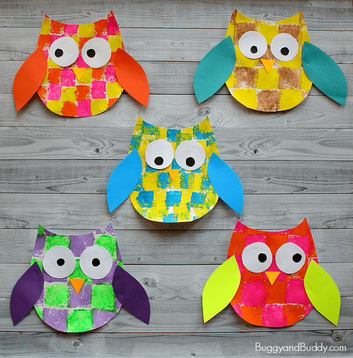 Sponge painted owl craft for kids with owl template