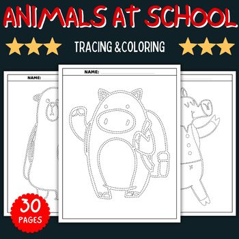Animals at school tracing coloring worksheets