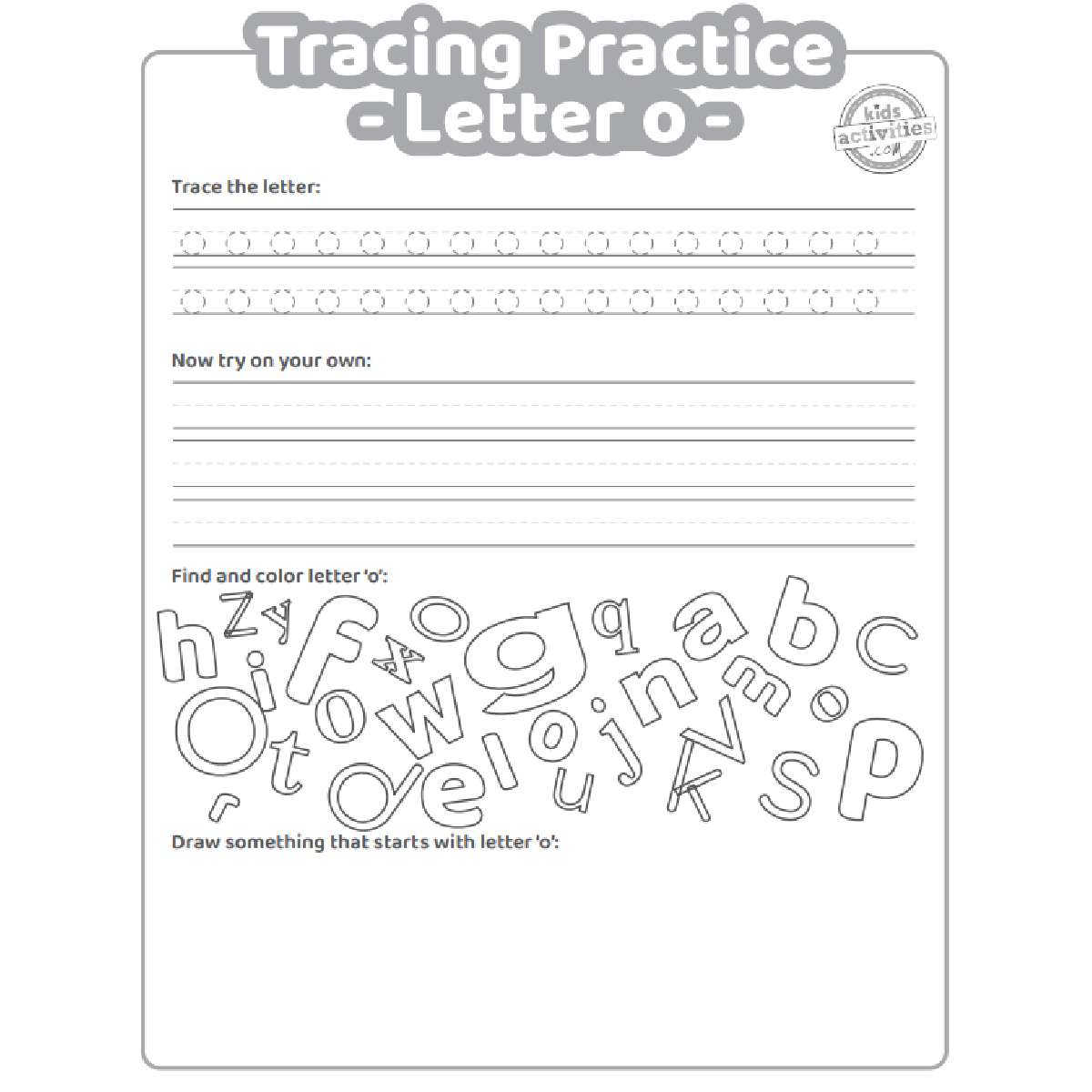 Free letter o practice worksheet trace it write it find it draw kids activities blog