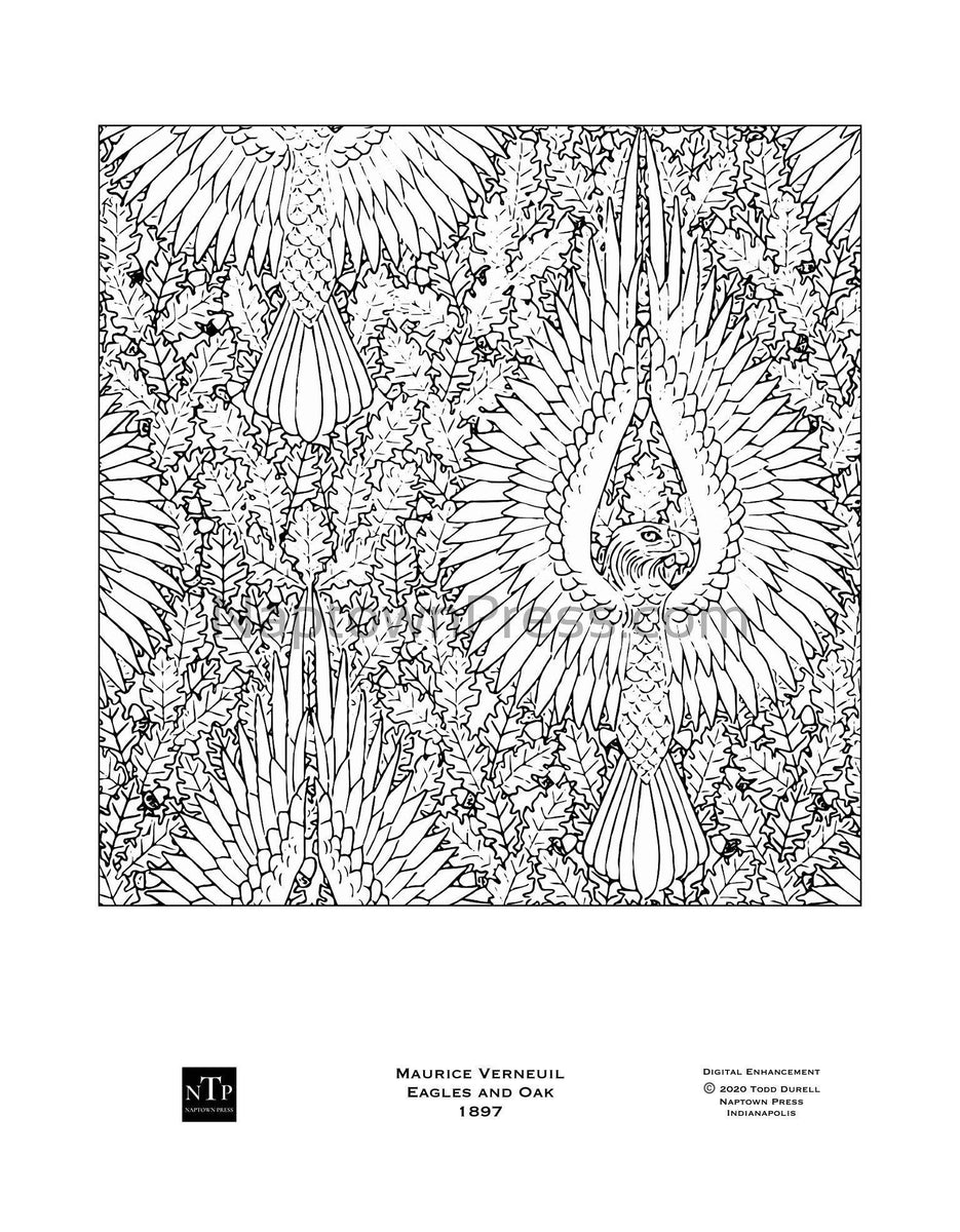 Printable coloring page art nouveau eagles with oak leaves â naptown press
