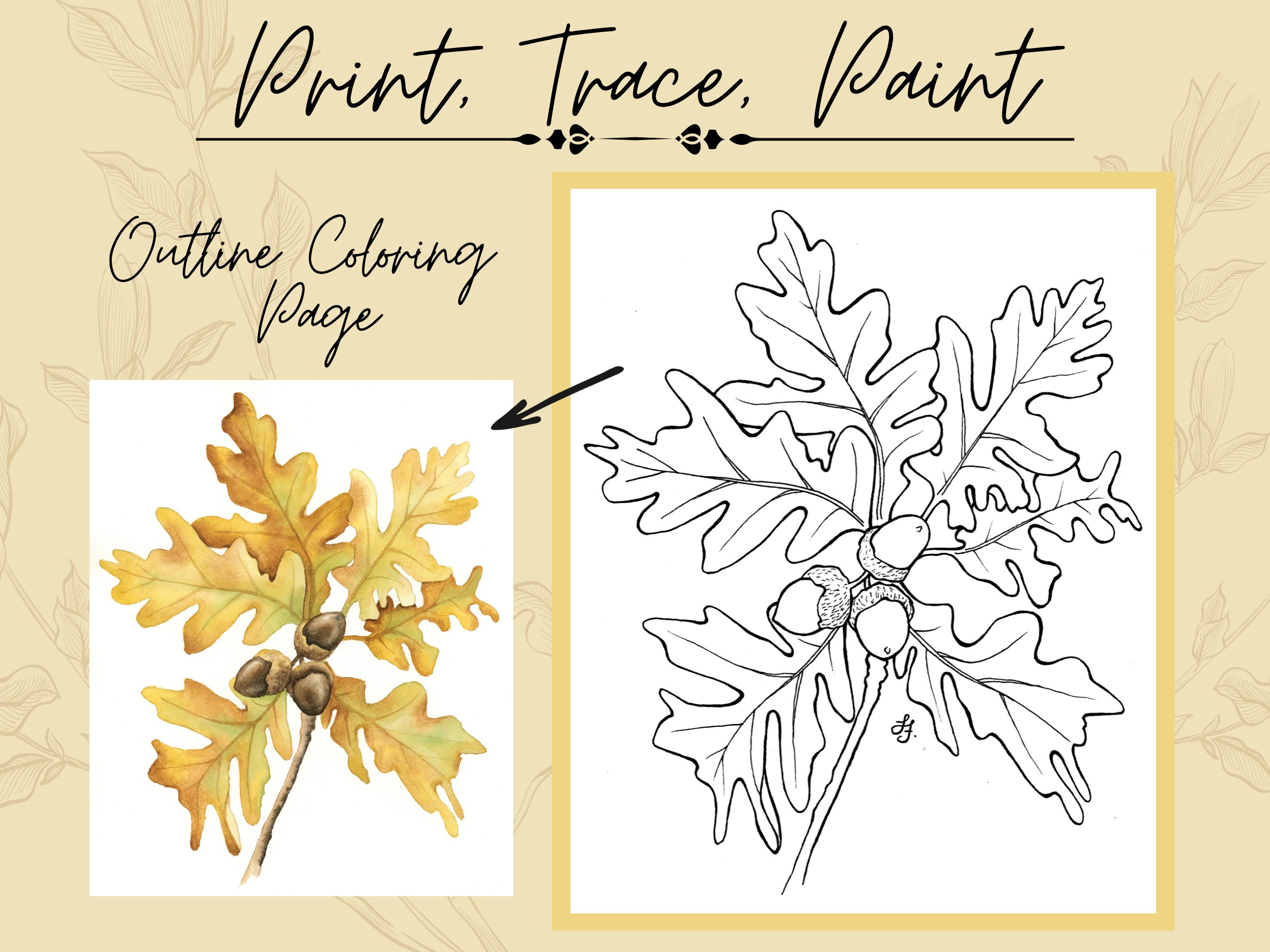 Autumn leaf acorn x digital outline coloring page printable download for coloring or painting