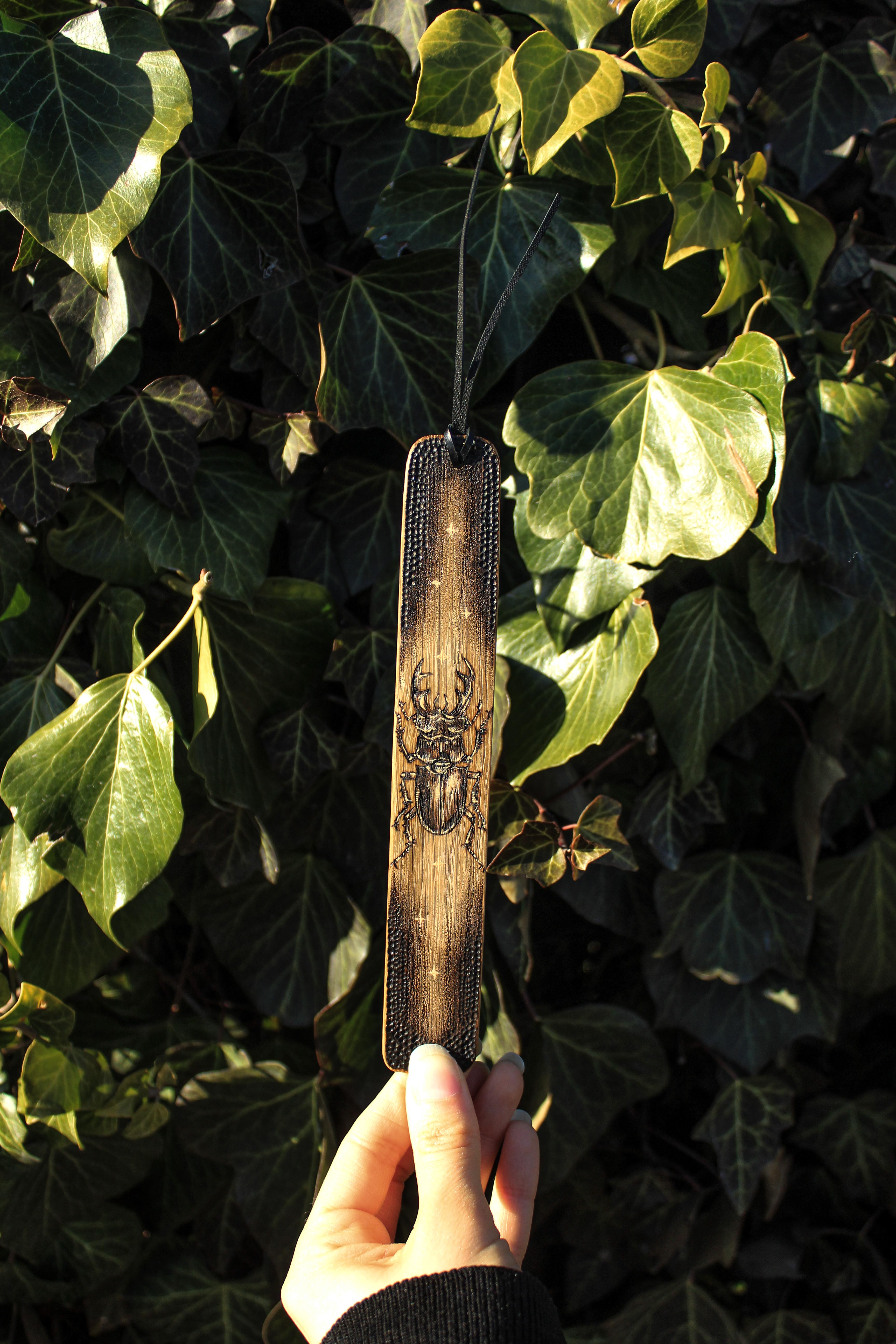 I handcrafted this stag beetle bookmark using oak wood and added intricate designs through woodburning and coloring ð as someone whos passionate about creating art with insects this was a truly enjoyable