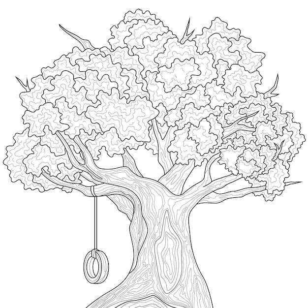 Premium vector oak tree and swingcoloring book antistress for children and adults