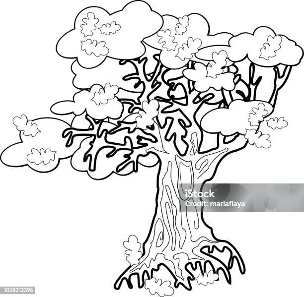 Old oak tree coloring page stock illustration